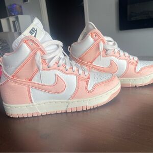 white and coral nike high tops jordan 1s
